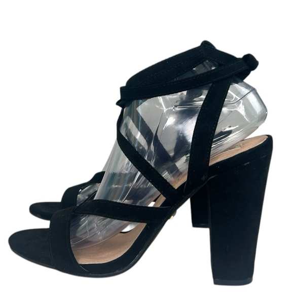 Billini Womens SZ 9 Black Suede Preen Strappy Block Heels Wrap Ankle Whimsigoth - Picture 6 of 14